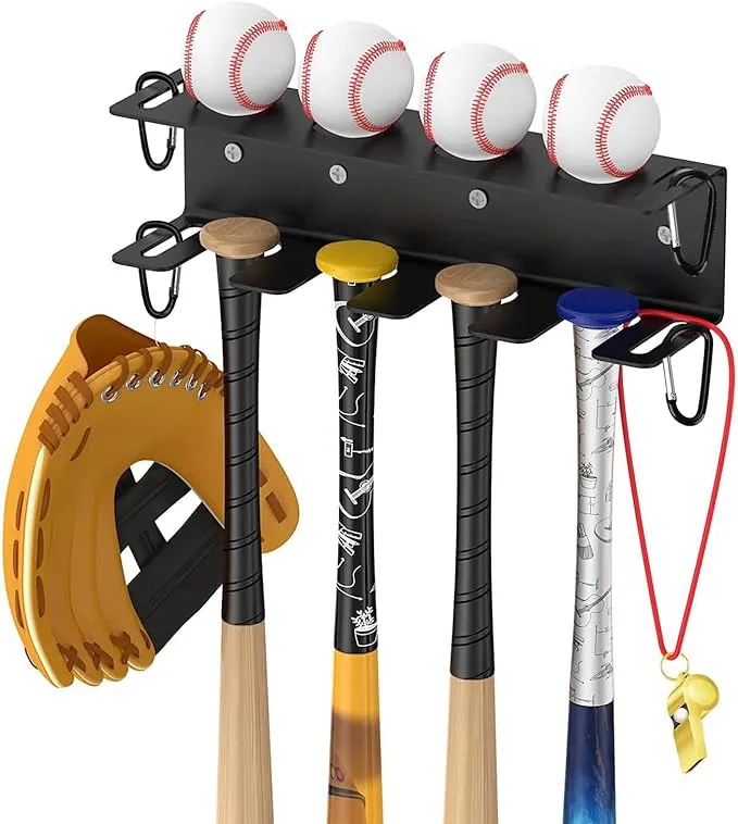Wall Mount Baseball Storage Rack, Heavy Duty Metal Baseball Bat Holder Sports Equipment Organizer for Bat and Ball Display in Home or Baseball Stadium