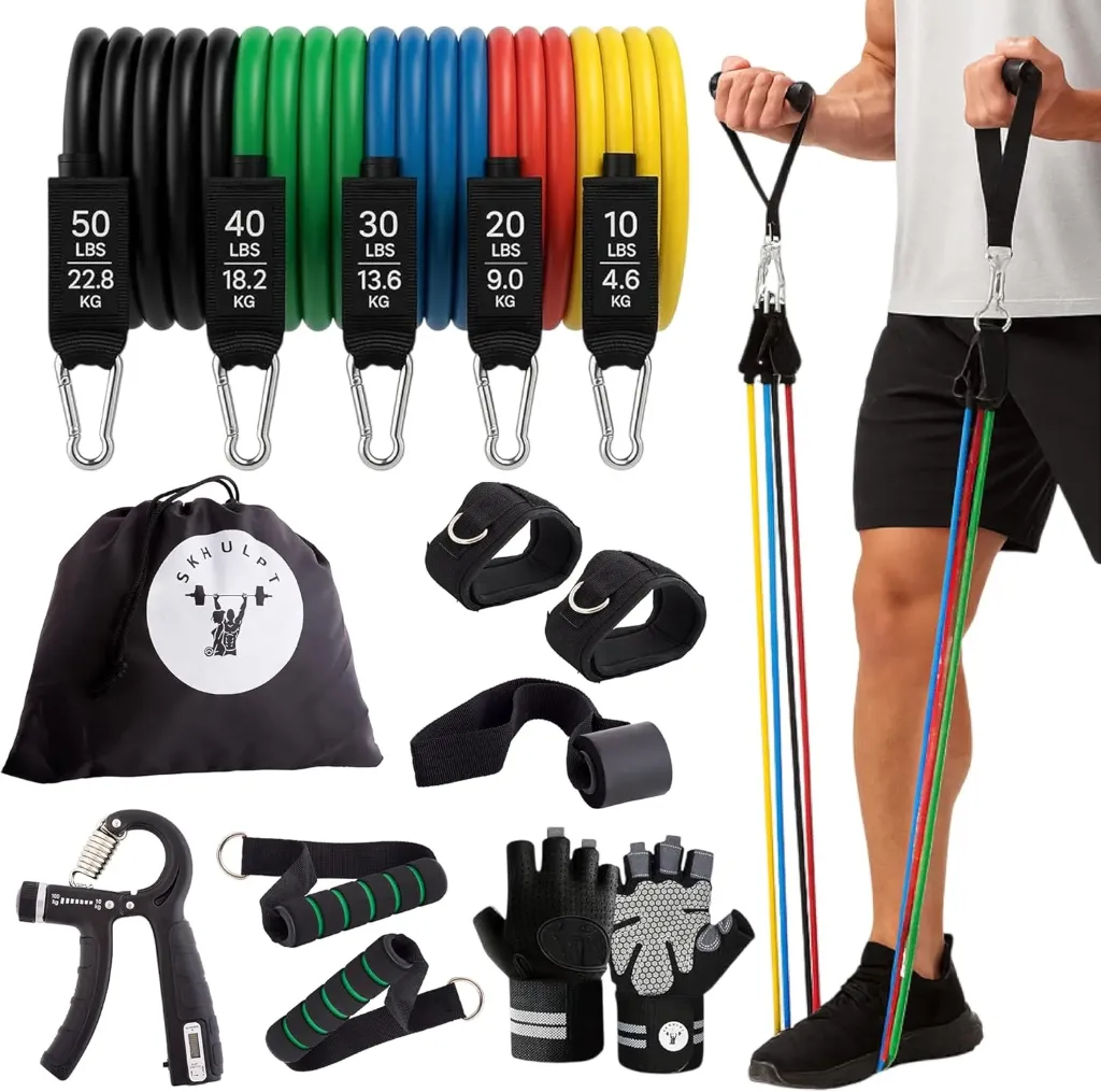 Resistance Bands Kit – 5 Latex Exercise Bands (10–50 lbs) with Handles, Hand Gripper, Gym Gloves, Door Anchor & Ankle Straps – Home Workout Equipment for Men & Women