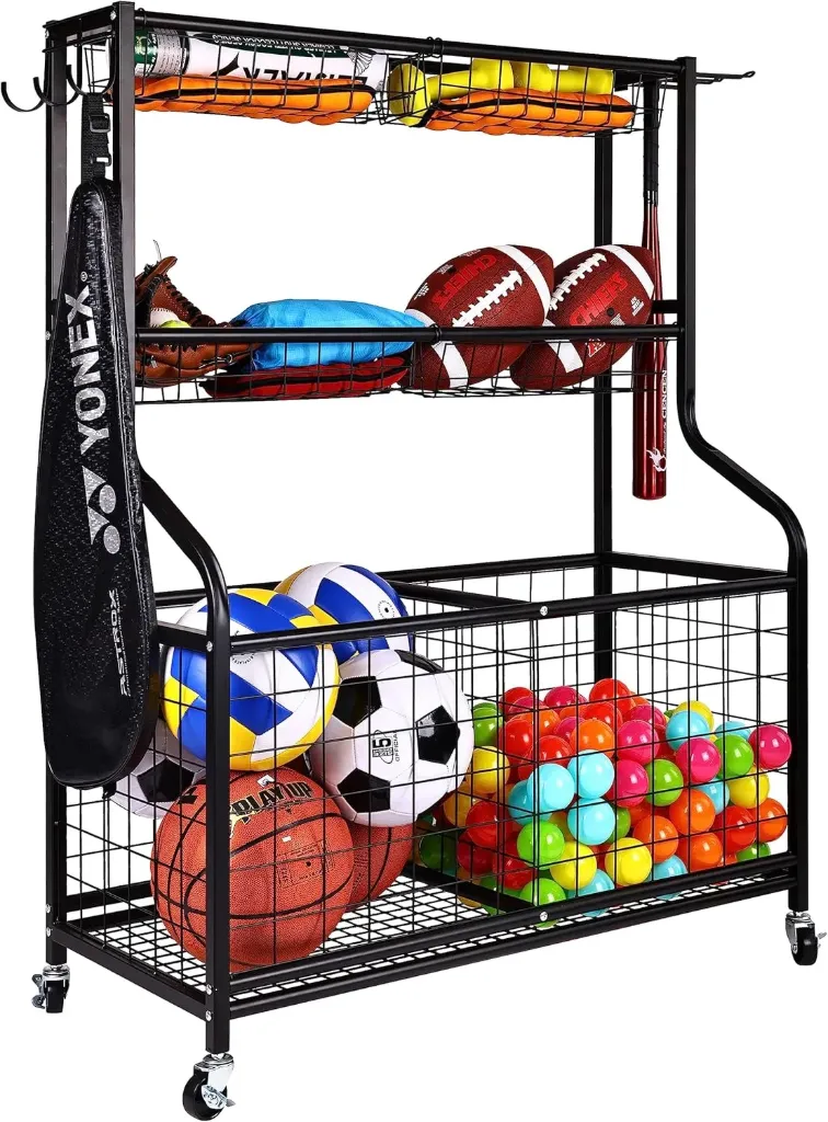 Signature Fitness Garage Sports Equipment Organizer, 3-Tier with Large Base, Black, Steel, Sports Gear Storage, Garage Organizer with Baskets and Hooks, Rolling Sports Ball Storage Cart