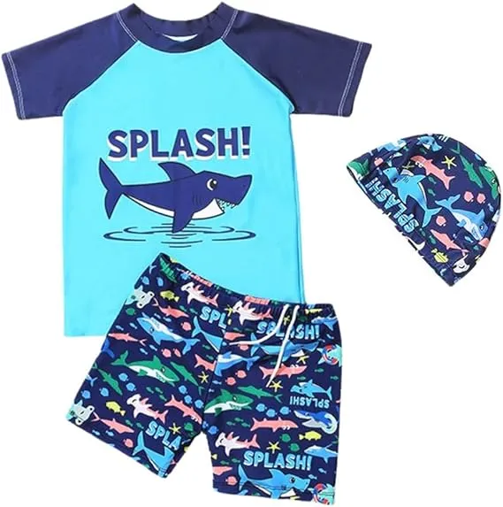 Boy Swim Set, 3 Pieces Set Swim Shirt + Swimming Shorts + Swimming Cap (1-2)