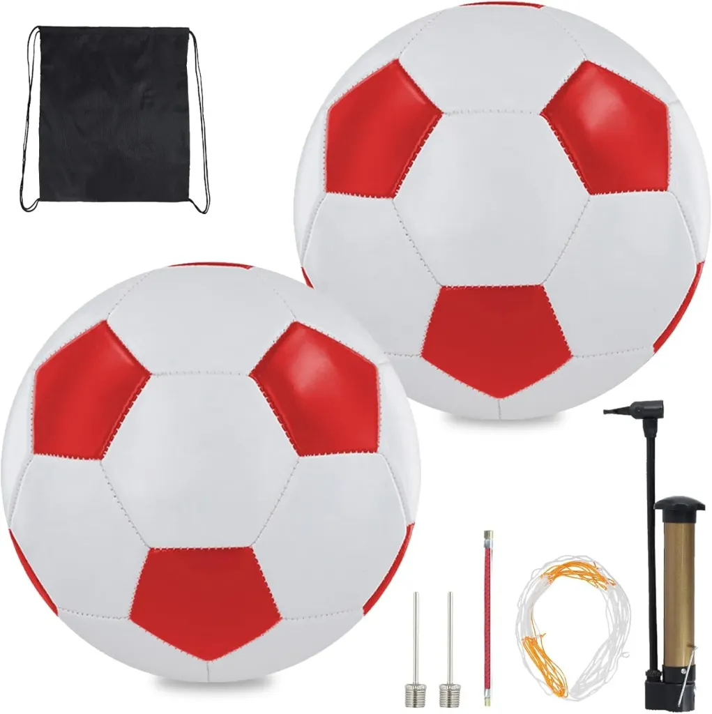 2 Pack Premium Leather Kids Football Size 5 - Durable Soccer Ball and Pump for Boys Girls Adults, All-Weather Indoor Outdoor Football Training & Competition Use